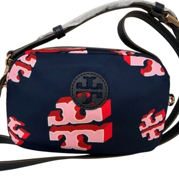 Tory Burch Crazy Logo Allover Print Blue Nylon Crossbody - Picture 6 of 7